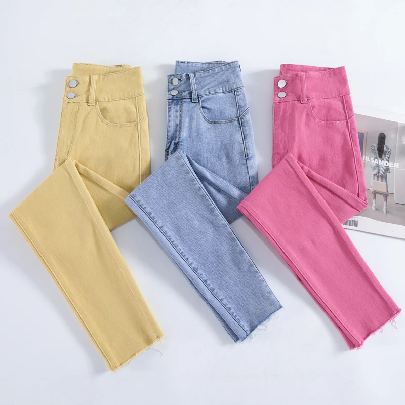 

Woman High Waist Skinny Jeans Autumn New Vintage Blue Cotton Elasticity Slim Denim Pants Female Korean Fashion Burrs Ankle Jeans