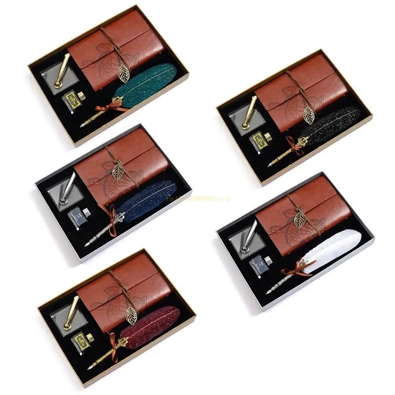 

Retro Calligraphy Feather Dip Pen Writing Ink Notebook Set Fountain Pens Stationery Gift Box