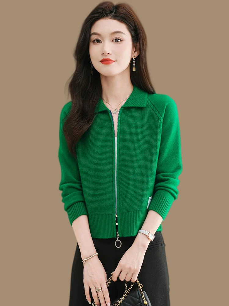 Lapel Zip-up Sweater Outerwear Women Short Autumn and Winter Small Knitted Top High Waist Casual Outdoor Fleece Cardigan