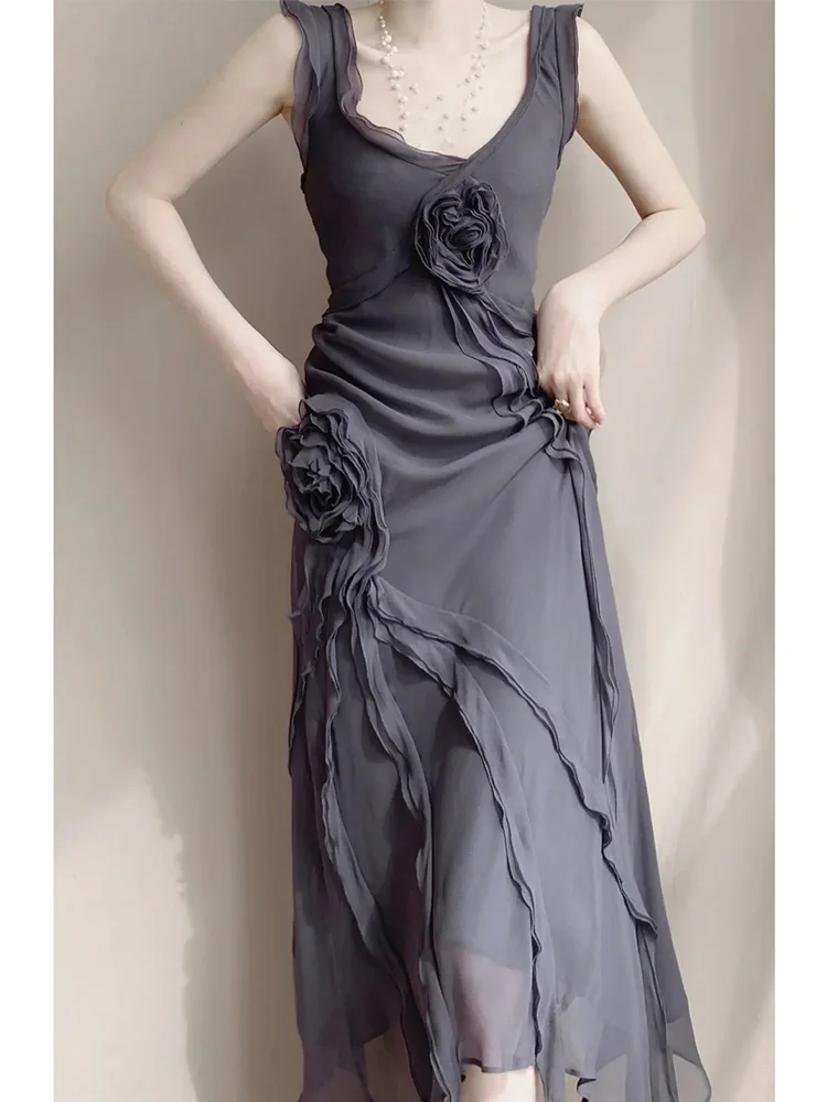 

2022 Brand New Retro Rose Flower Sleeveless V-neck A-line Slim Midi Dress Elegant Women Summer Dress Vestidos Mujer