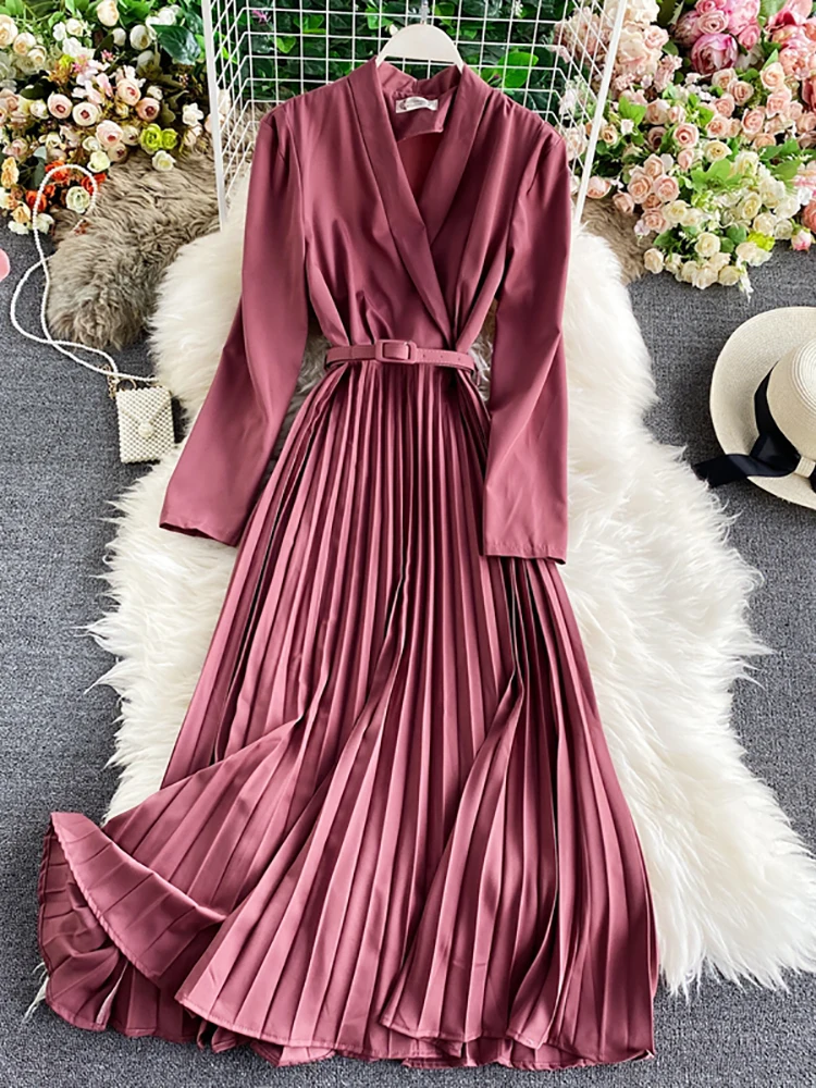 

Женское Плиссированное длинное платье, элегантное офисное платье макси с V-образным вырезом и высокой талией, черное/красное/желтое драпиро...