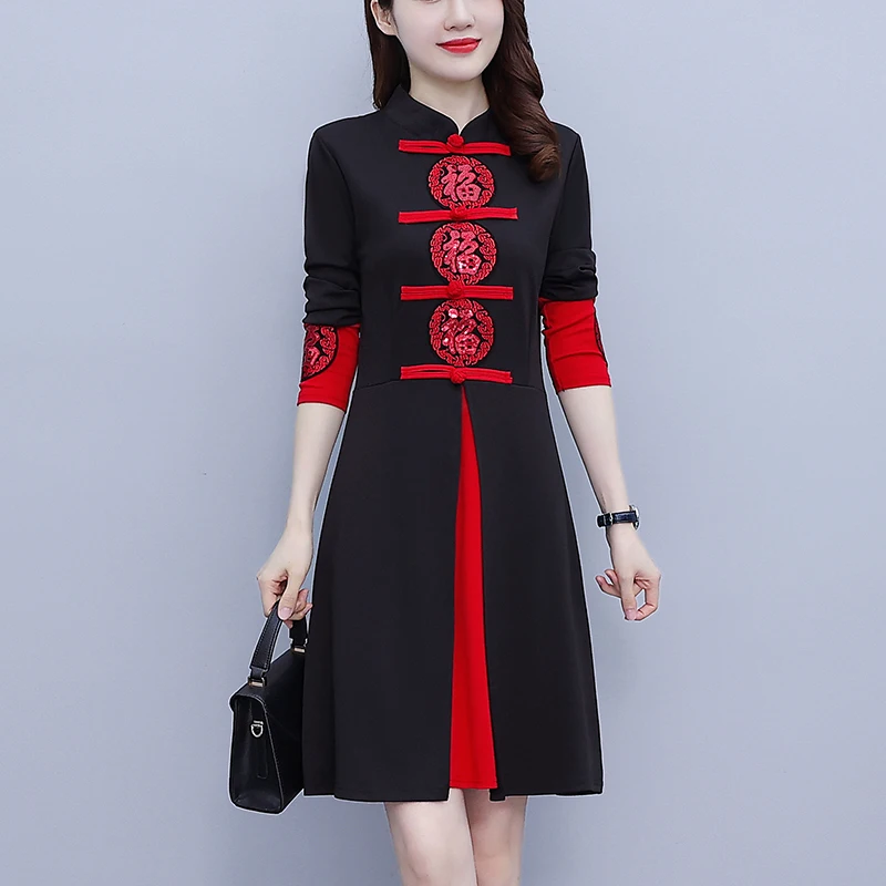 Women's Autumn New Red Festive Dress Slim Retro Improved Cheongsam Chinese Traditional Qipao Dress Plus Size M-5XL