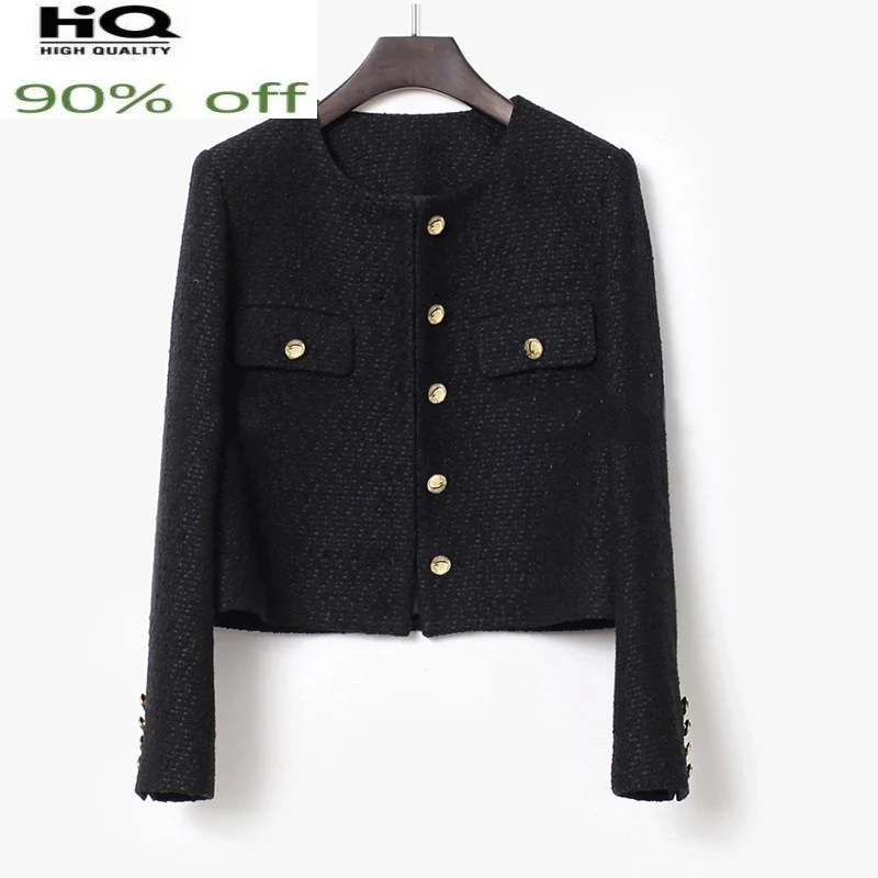

tweed Black spring /autumn / winter short temperament women's jacket One piece round neck coat