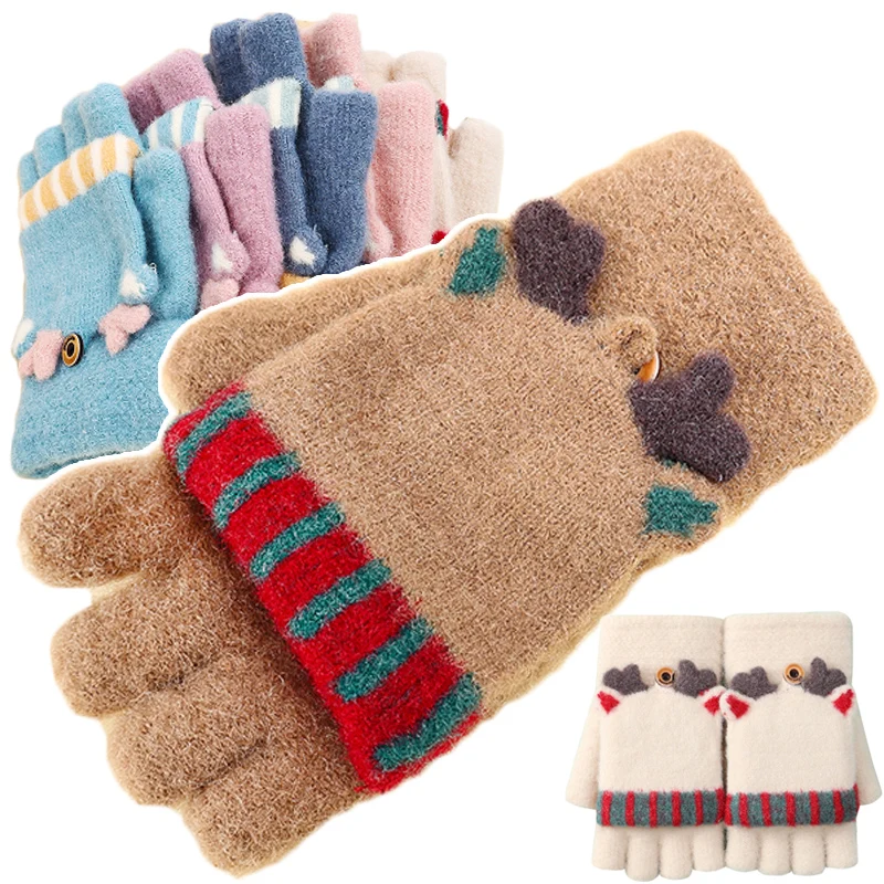 

Women Winter Gloves Cute Xmas Elk Antler Half Finger Gloves Girls Warm Thick Knit Wool Glove Fingerless Exposed Finger Mittens