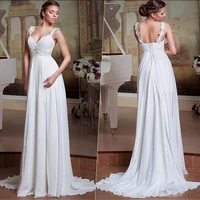 sexy v neck a line wedding dress elegant sleeveless spaghetti straps appliques bridal gown backless lace up chiffon sweep train