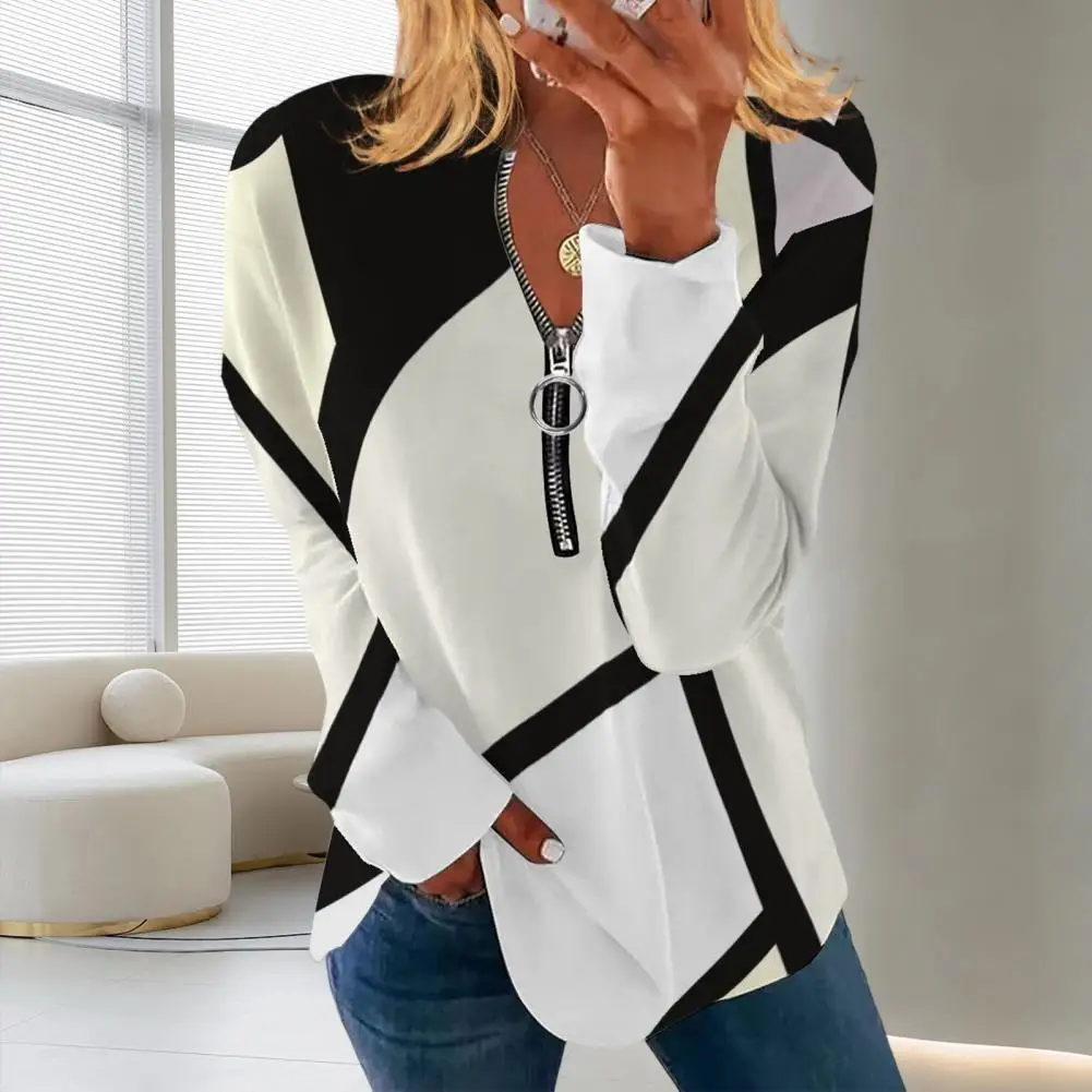 

Zipper V-Neck Long Sleeves T-shirt Top Women Shirt Casual Vintage Geometric Patchwork Color Pullover Blouse Streetwear