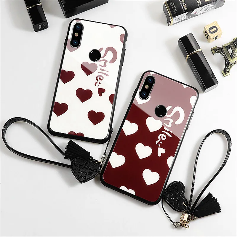 

BONVAN Smile Glass Hard Case For Samsung Galaxy M10 M20 Love Heart Cover For Samsung M30 M40 M30S Wristband Couqe Capa