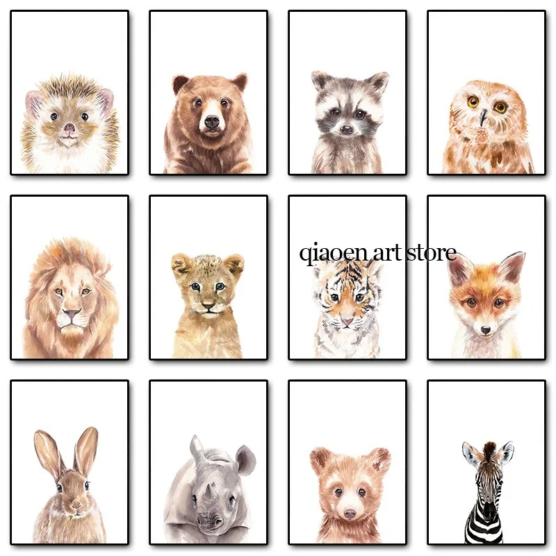 Акварельные детские животные Лев Зебра Ягня Енот Плакат и принт Холст Картина