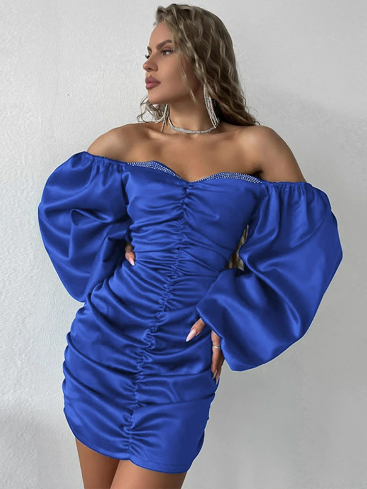 

Модное ДРАПИРОВАННОЕ мини-платье, женское синее облегающее платье с открытыми плечами для дня рождения, сексуальные Клубные наряды с откры...