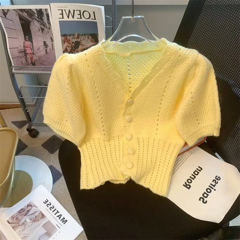 

Women Knit Top New Korean Fashion Y2k Solid Half Sleeve Crop Cardigan Casual Solid Black Pink Red Knitwear Jerseys Sweater