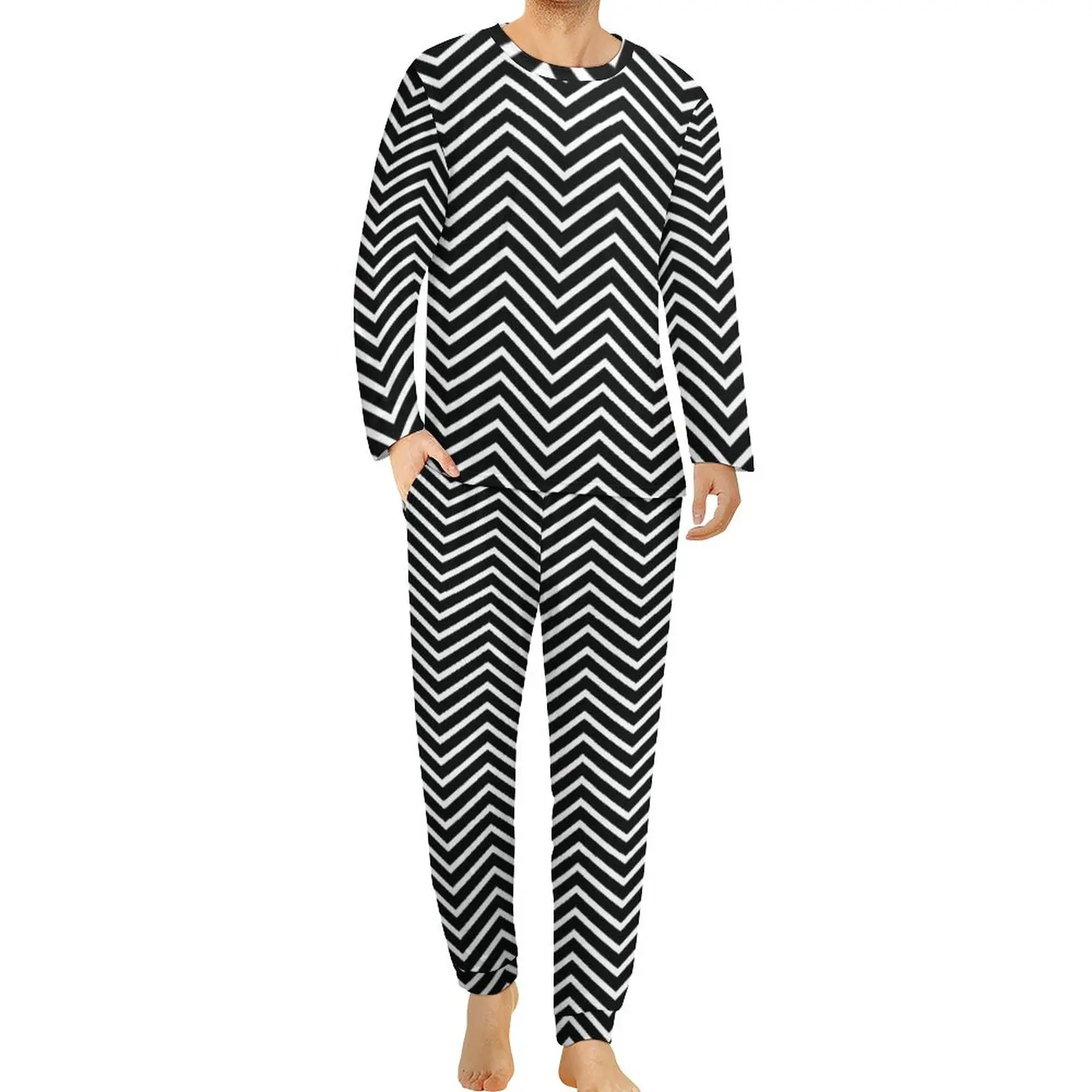 Geometry Print Pajamas Autumn Two Piece Black And White Line Kawaii Pajama Sets Men Long Sleeve Casual Graphic Nightwear 4XL 5XL