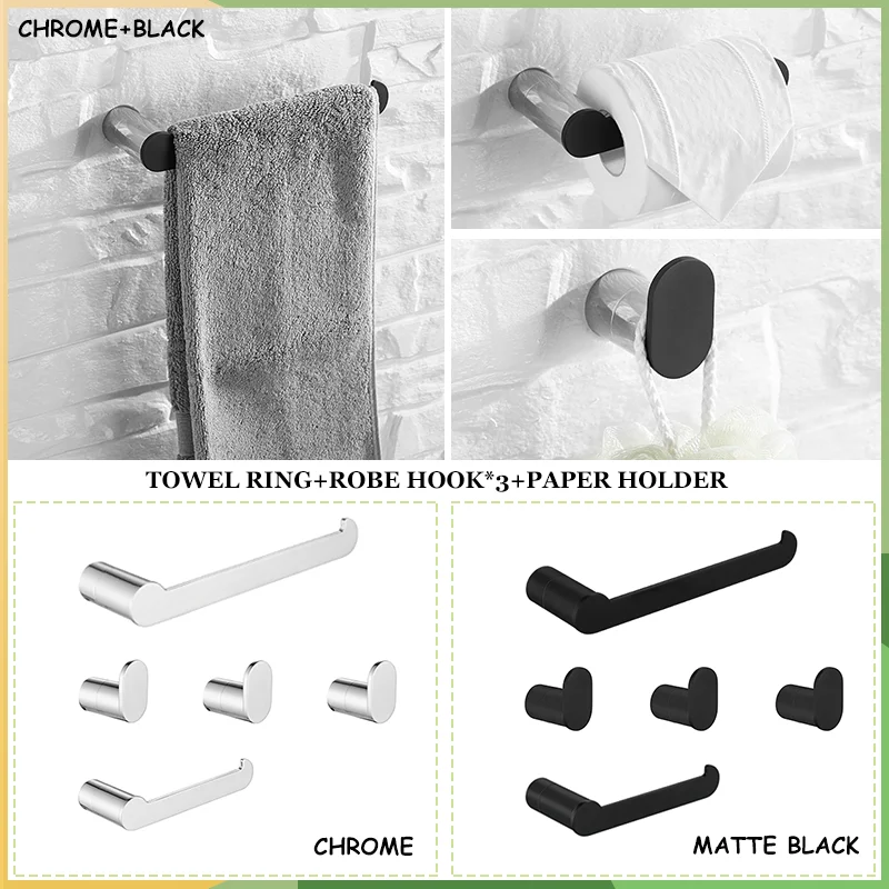 

Chrome and Black Bathroom Accessories Sets Wall Mounted Towel Bar Robe Hooks Toilet Paper Roll Holder Stainless Steel Hardware