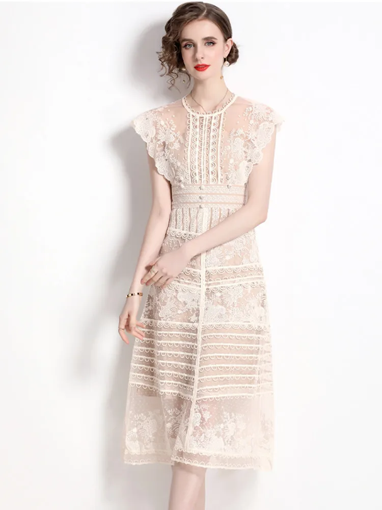 Женское Сетчатое платье средней длины элегантное подиумное кружевное в стиле