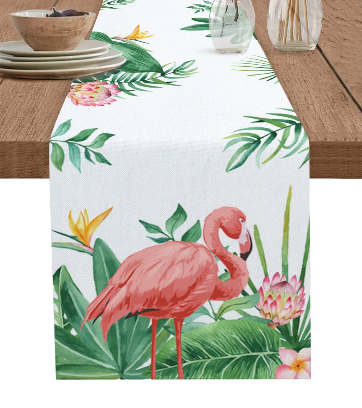 

Tropical Plants Flamingos Palm Leaves Table Runner Christmas Decoration Tablecloth Wedding Party Decor Table Cover