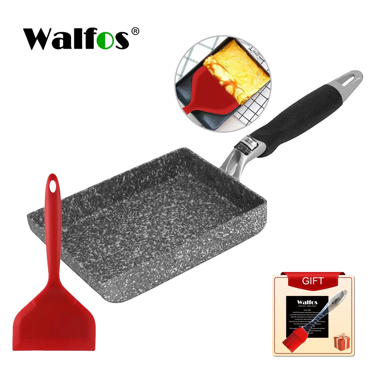 Walfos-sartén antiadherente negra Tamagoyaki, olla de cocina para freír huevos, tortitas, uso para cocina de Gas