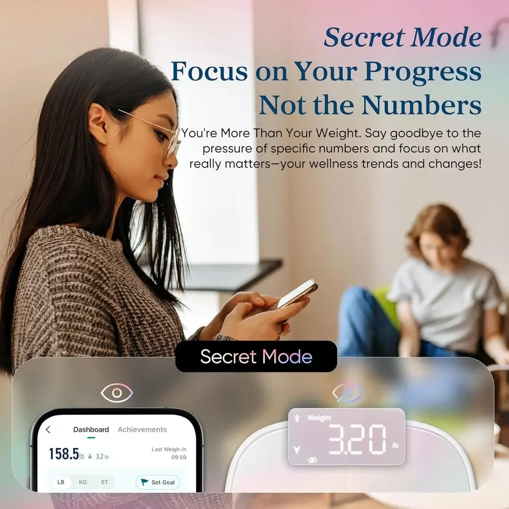 Фото Умные весы FirmHome Store с Bluetooth-синхронизацией, 13 функций: измерение веса, ИМТ, мышечной массы, совместимость с HSA, перезаряжаемые, белые №2