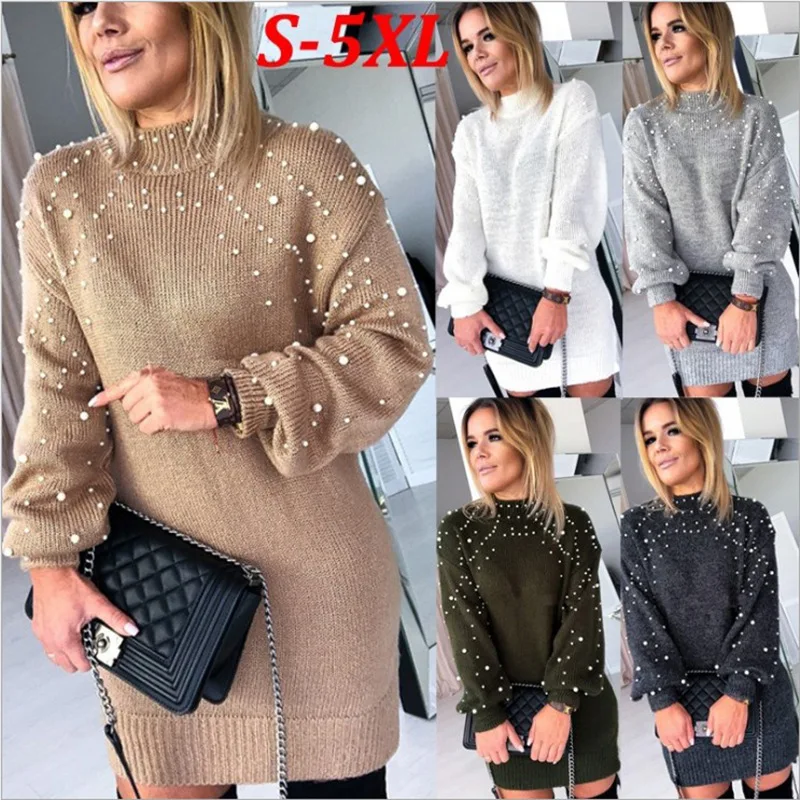 

Women O Neck Beading Pearls Solid Loose Sweater S-3XL Pullover Knitted Long Sleeves Outstreet Knitwear Dress