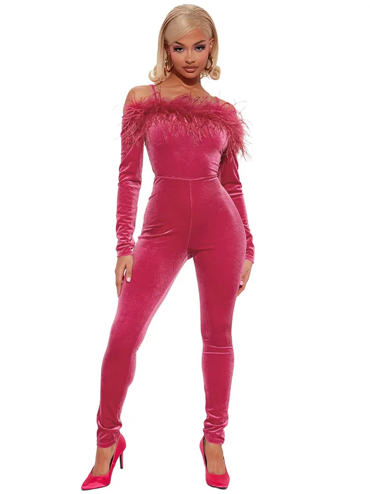 

Szkzk Sexy Feather Bodycon Jumpsuit For Women Club Rompers Long Sleeve Off The Shoulder Party Evening Clubwear Tight Jumpsuits