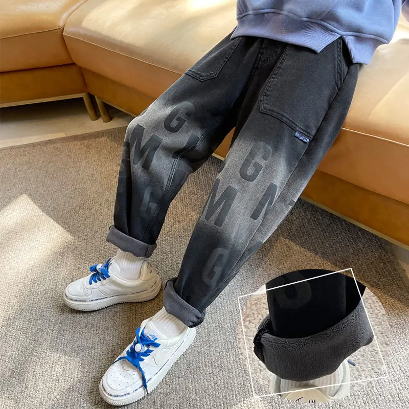 

Boys' Spring and Autumn Jeans Medium and Older Children's 2022 New Black Casual Pants Children's Winter Lining Thickened Bottom