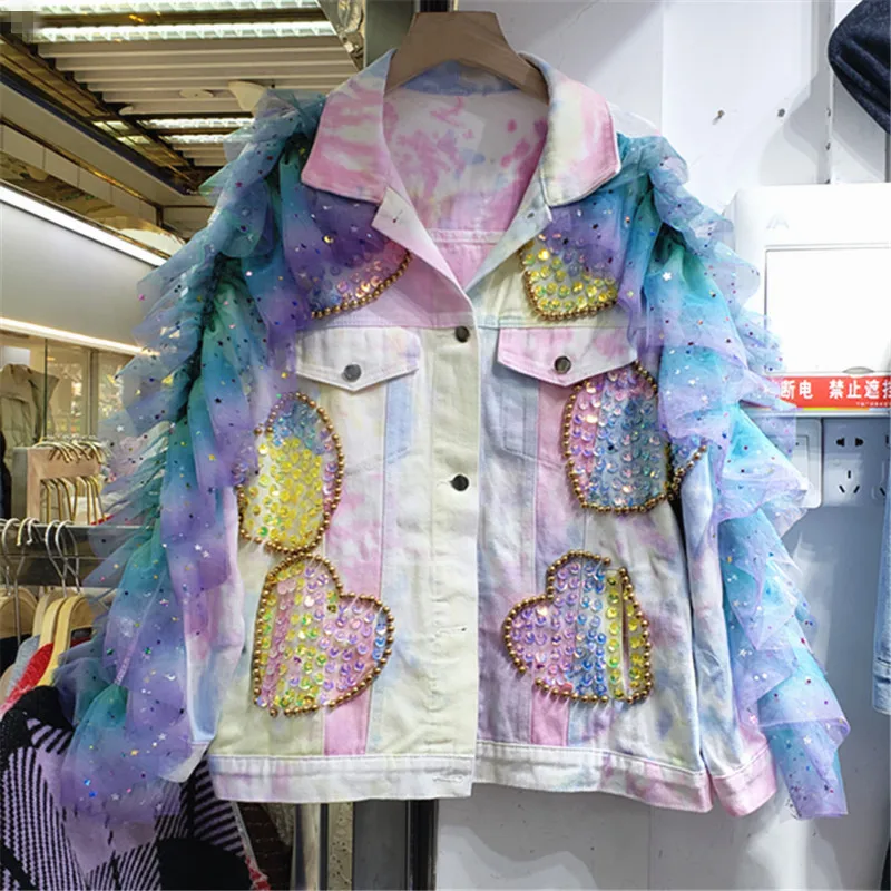 

Spring Fashion Tie Dye Multicolor Sequins Rivet Denim Jacket Coat Women Loose Outwear Mesh Splicing Sleeve Jeans Jacket Female