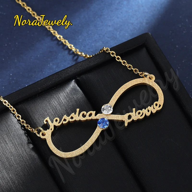 NORAJewelry Customized Infinity Name Necklace Birthstone Frosted Names Necklace Pendant Stainless Steel Choker For Woman Jewelry
