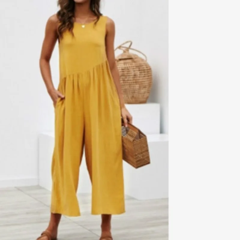 Bohemian Beach Loose Jumpsuits Women's Overalls Solid Color Pocket Wide Leg Pant Ankle Length Jumpsuit Black Yellow Rompers