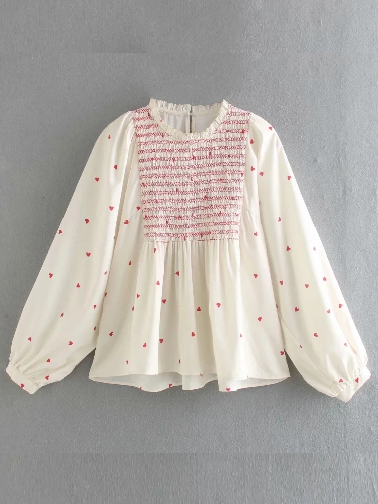 Blusa holgada informal con manga farol para mujer, camisa con estampado de corazón de melocotón, S8282