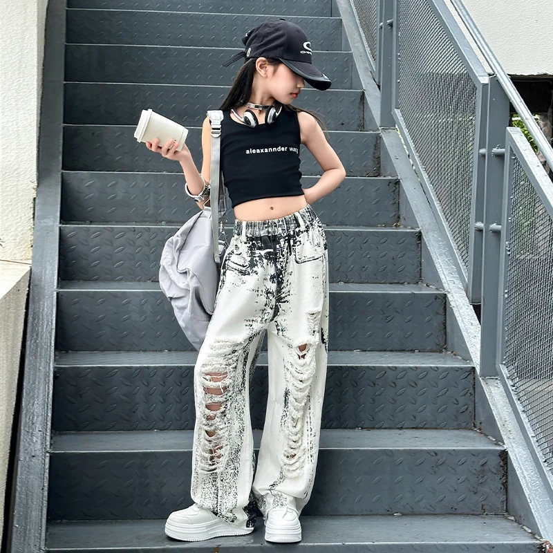 Джинсы с дырками для девочек 5-15 лет крупные рваные брюки широкими штанинами