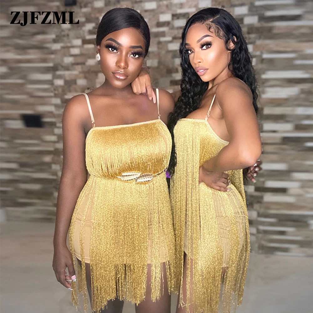 

Elegant Sexy Yellow Tassels Patchowrk Party Dresses for Women Chic Spaghetti Strap Bodycon Dress Fashion Backless Clubwear Robe