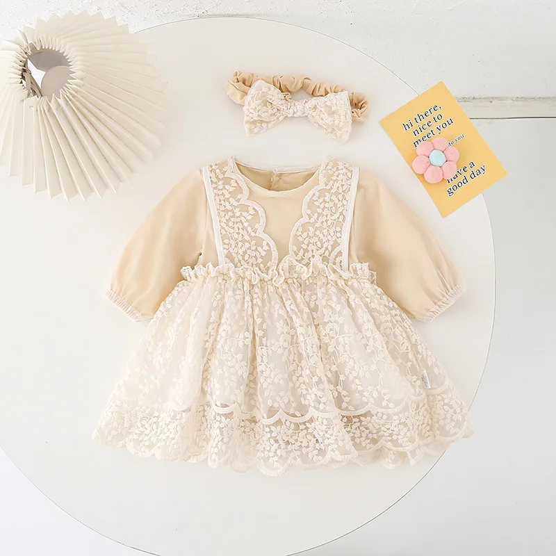 

Princess Lace Girls Bodysuit Dress Newborn Baby Girls Romper with Headband Christening Gown Girls Clothes For 1st Birthday Party