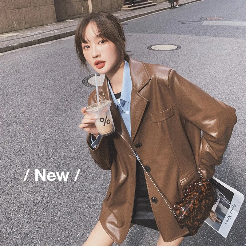 2022 Chaqueta Cuero Moto Mujer Loose Leather Jacket Women's Spring 2022 New Hong Kong Style Chic High-End Pu Leather Suit