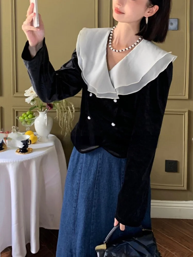 

Бархатный Кардиган с длинным рукавом, французская винтажная черная одежда, Woan, повседневный Sli Autun, модные топы, шикарные