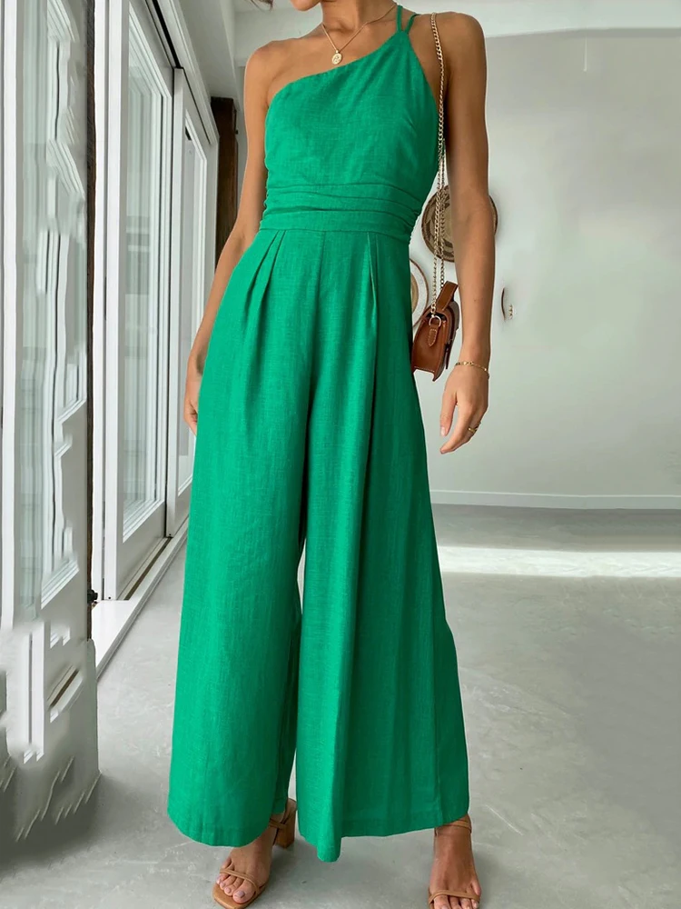 

Женский Длинный комбинезон на бретельках, элегантный пикантный комбинезон с открытой спиной, модные однотонные комбинезоны без рукавов, на одно плечо, с широкими штанинами, на лето