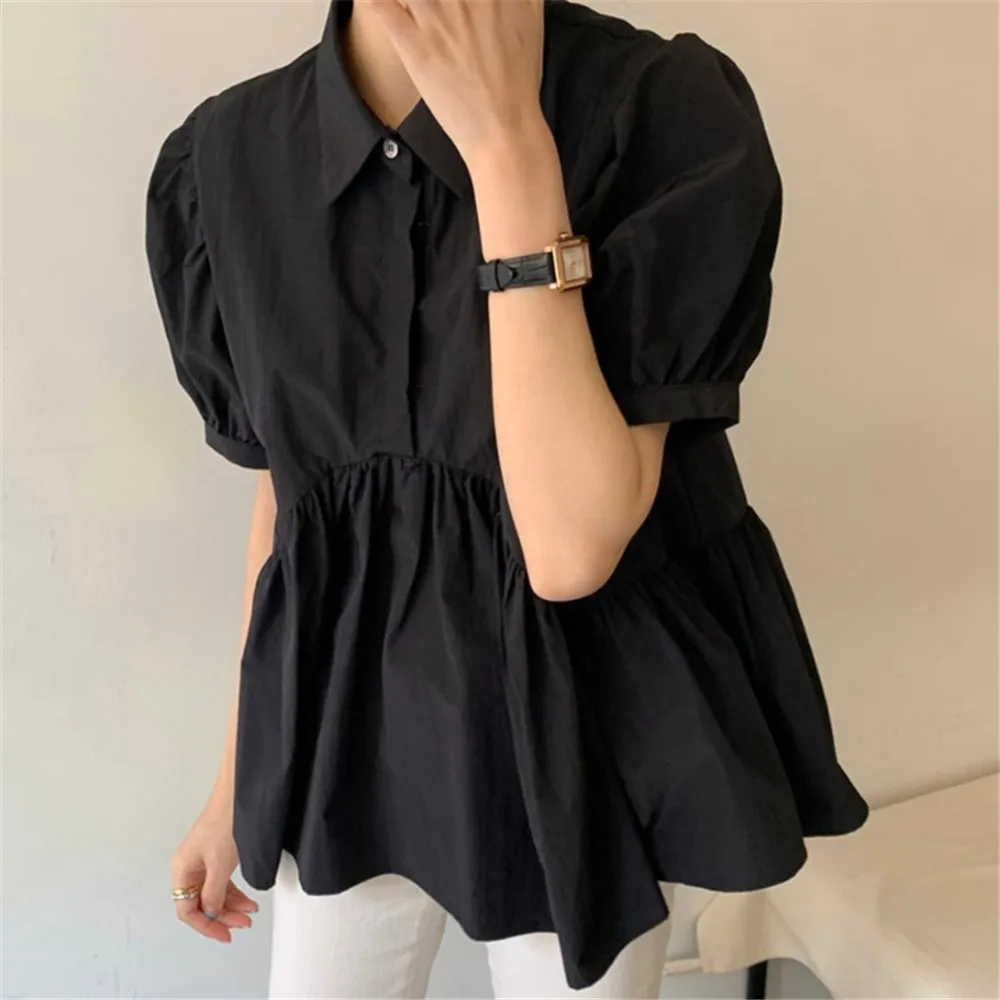

Fashion Women Blouse Korean Chic Summer French Lapel Shirt Hem Design Retro Playful Short Doll Elegant Chic Women's Top 2022 New
