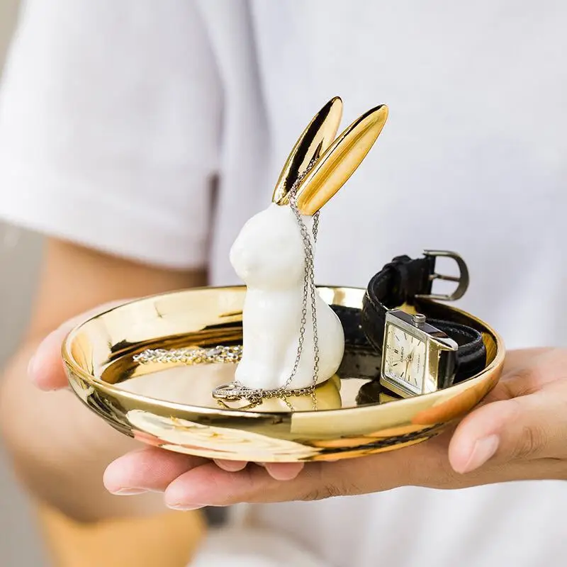 

Gold Rabbit Storage Tray Modern Light Luxury Statue Figurines For Interior Creative Study Desktop Decor Accessorie