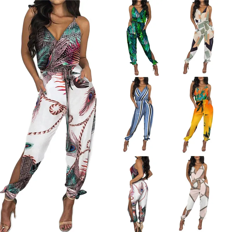 Women Jumpsuit Spaghetti Strap Mixed Print Slit Leg Jumpsuit Sexy V-Neck Jumpsuits for Women Clubwear Outfits Rompers