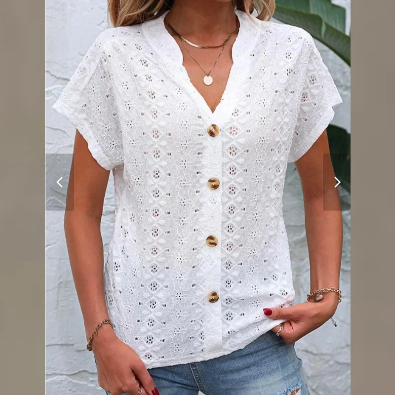 

Summer Elegant Fashion Office Lady Shirt Women V Neck Vintage Commute Chic Solid Color Button Lace Hollow Out Short Sleeve Top