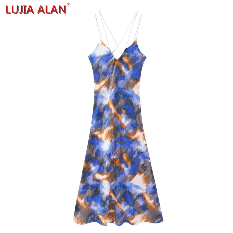 

Summer New Women's Tie Dyeing Printed Knitted Sling Dress Female Casual Slim Fit Midi Vestidos LUJIA ALAN WD2517