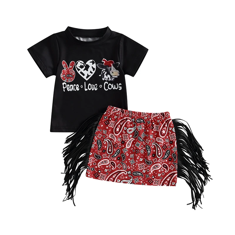 

Kids Girl Summer 2-piece Outfits Cow Print Short Sleeve T-shirt and Stretch Casual Skirt with Tassel Set