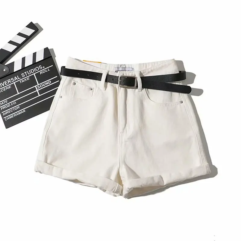 Women Vintage Sexy High Waist Khaki Denim Shorts Slim Fit Belt Shorts Summer Bottoms Fashion New Zipper Pockets All-Match Street