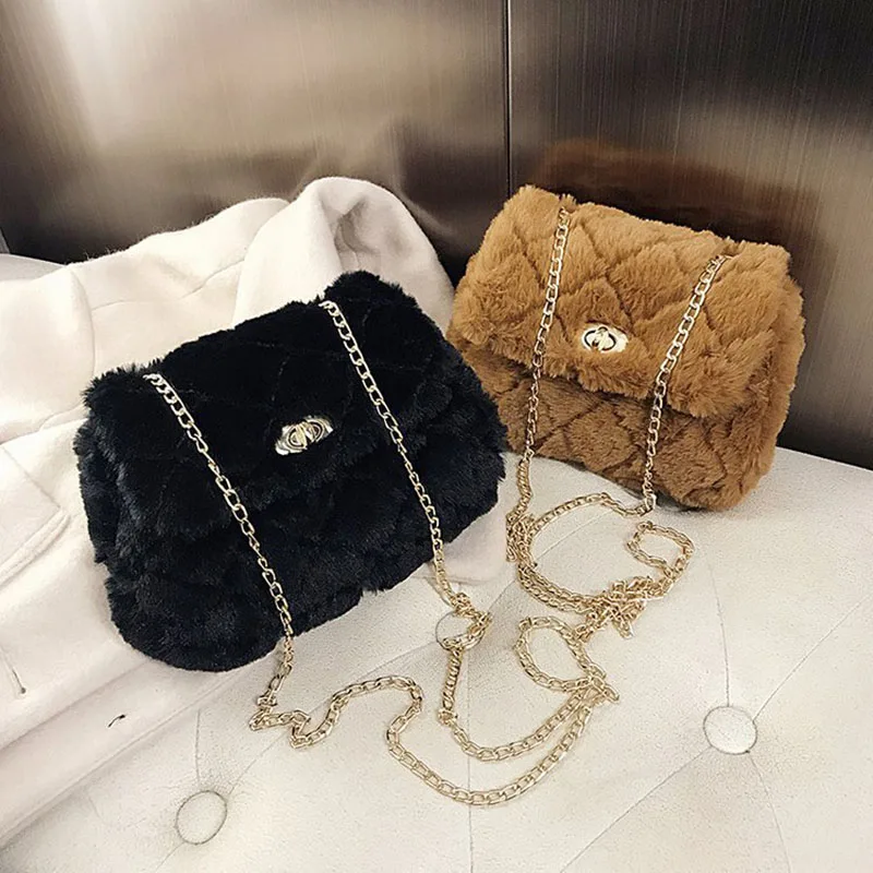 Faux Fur Crossbody Bags for Women Autumn Winter Plush Purses Handbags Female Phone Shoulder Bag Girls Wallet Fashion Chain Bag