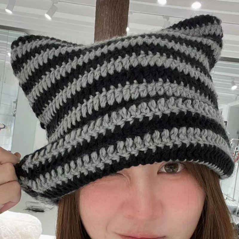 

Y2K Harajuku Punk Gothic Knitted Cat Ear Little Devil Hat Millennium Women Kawaii Designer Winter Handmade Beanie Female Caps
