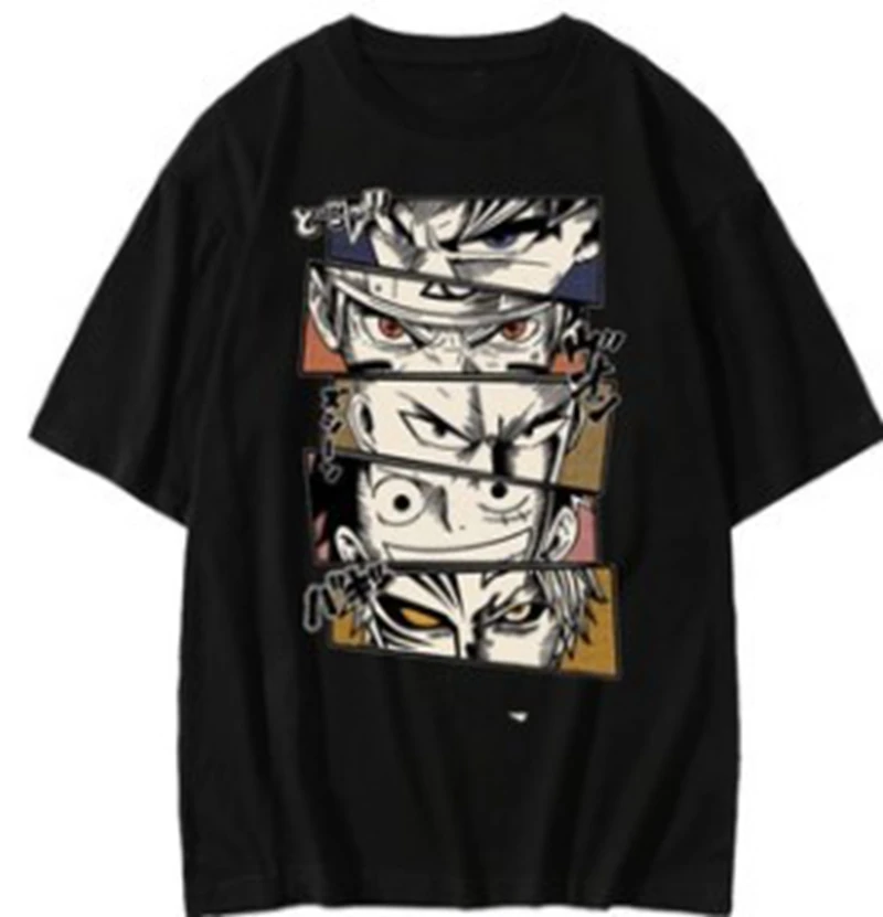 

Harajuku Anime Men's Summer three-way cotton Top Japanese Cartoon Casual Personality Short-sleeved Couple Fashion Round Neck Top