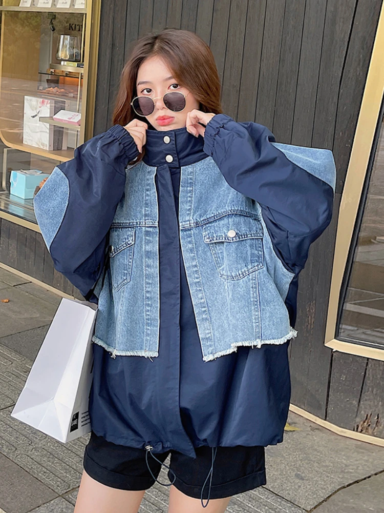 

2022 Spring New Denim Spliced Baseball Jacket Women Streetwear Hip Hop Casual Loose Bomber Jackets Coat Outerwear Female 8805