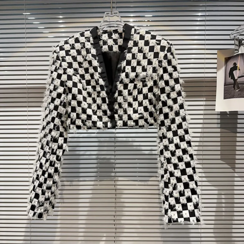 

PREPOMP 2023 Autumn New Collection Long Sleeve Fluffy Black White Plaid V Neck Short Jacket Women GL338