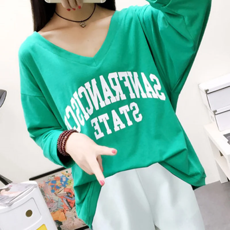 

Size Plus New spring autumn Women Letter pattern Easy Batwing Sleeve Full NoneT-shirt Solid color V-neck Top T-shirts XY20