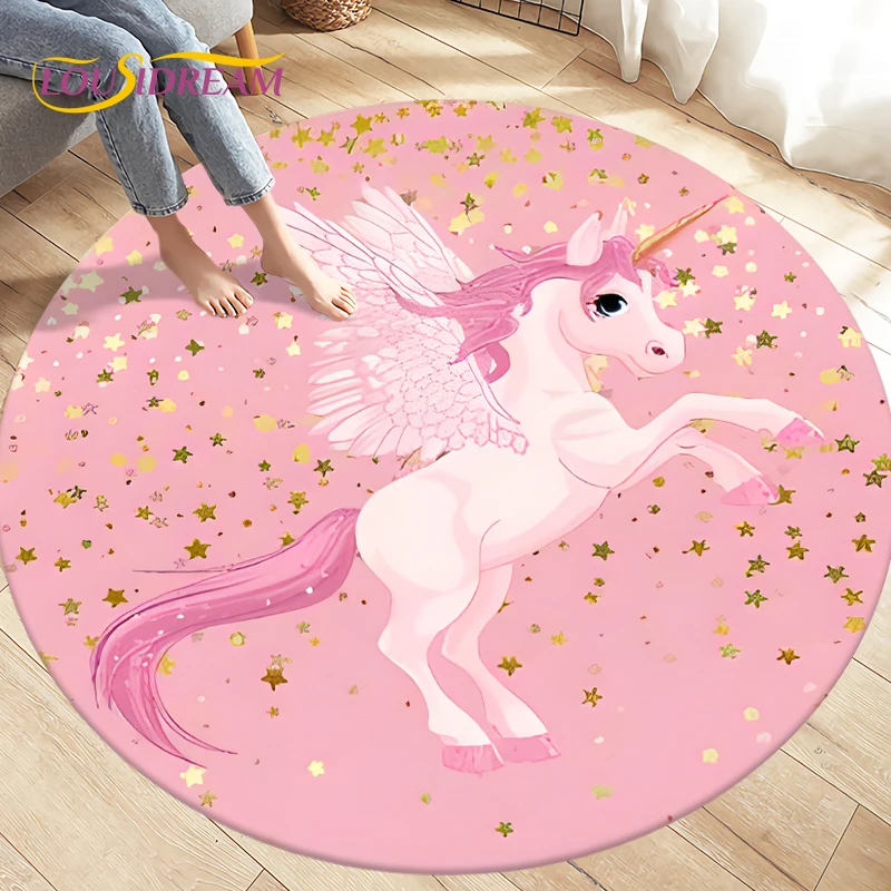 Children's Cartoon Cute Unicorn Animals Area Rug Round Carpets Rugs for Living Room,Kids Play Crawling Soft Non-slip Floor Mats