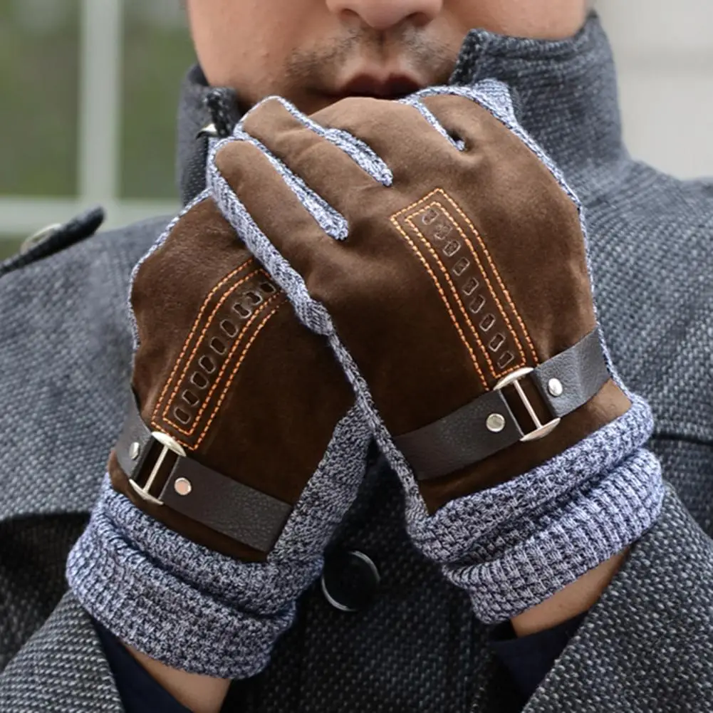 

1 Pair Men Gloves Soft Fleece All Fingers Knitted Strap Decor Cold-proof Elastic Camping Climbing Men Winter Gloves for Cycling