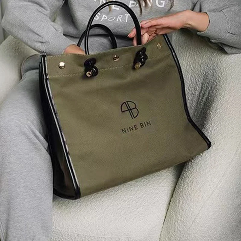 

Trendy Army Green Hipster Letter Logo Tote Bag Utility Leather Tote Backpack