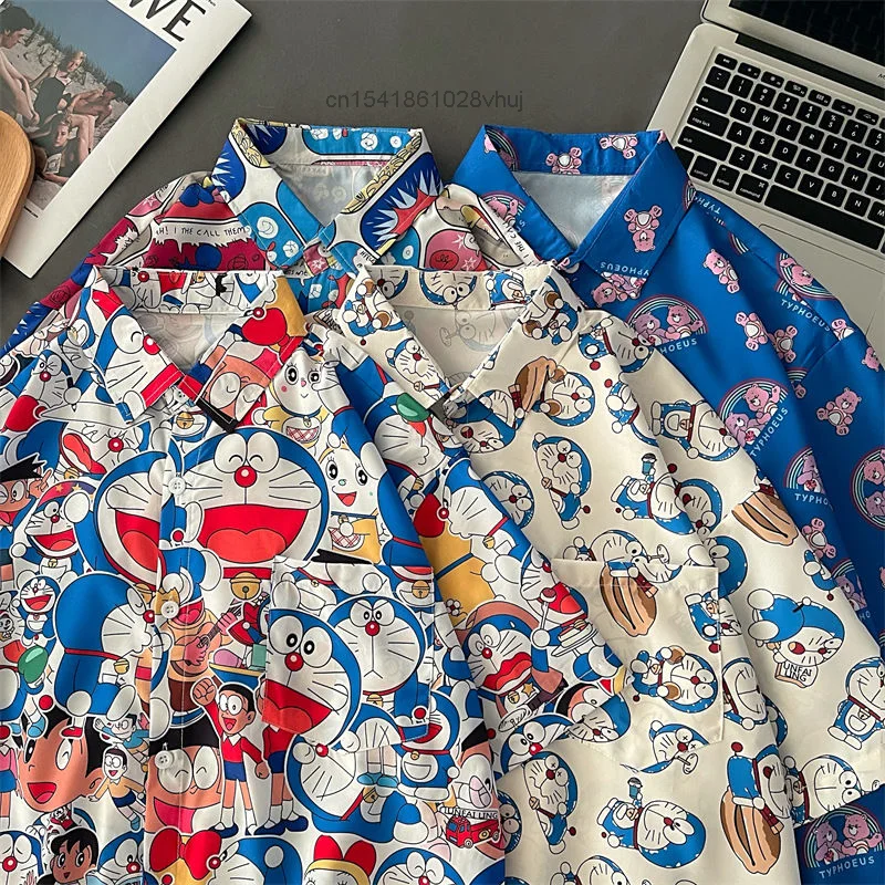 

Korean Style Women's Fashion Short Sleeved Shirt Doraemon Full Print Versatile Loose Blouses Y2k Man Female Aesthetic Casual Top
